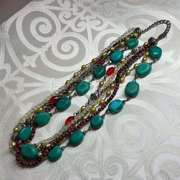 Multi-strand faux turquoise, red, yellow pearl, and neutral tone necklace - Picture 8 of 10